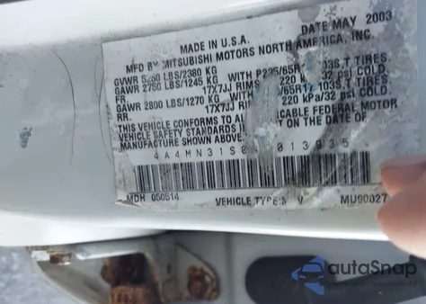 2004 Mitsubishi Endeavor Xls z USA, uszkodzony, nr VIN 4A4MN31S04E013935